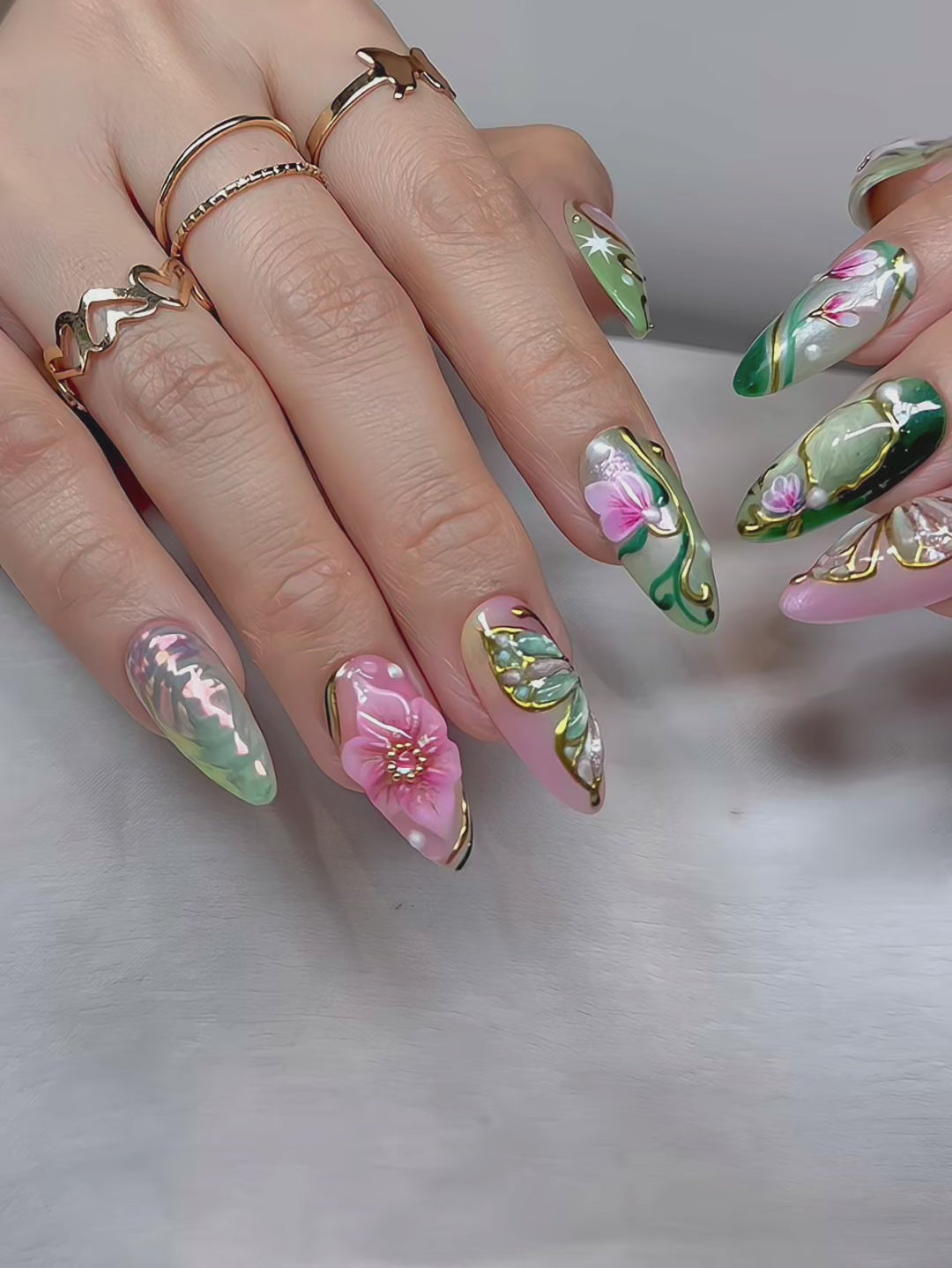 Enchanted Bloom Press-On Nails – Medium Almond Green & Pink Set, 3D Floral & Gold Line Art Design, Elegant Garden-Inspired Glossy Nails |  Reusable 20pcs Kit