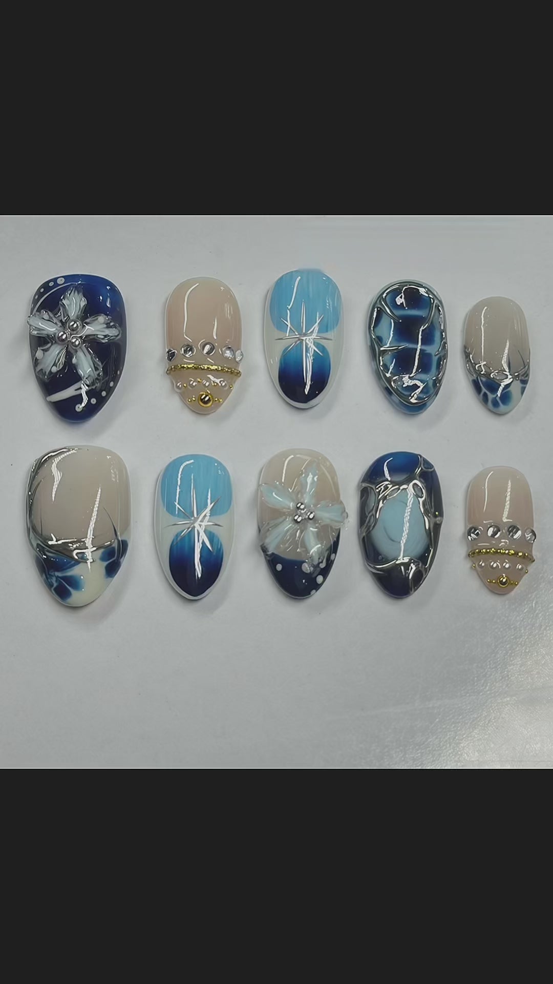 Blue Mirage Crystal Press-On Nails – Short Almond Ombre, 3D Flower & Star Design, Luxury Rhinestone Gel Nails | Hand-Painted, Reusable 20pcs Kit