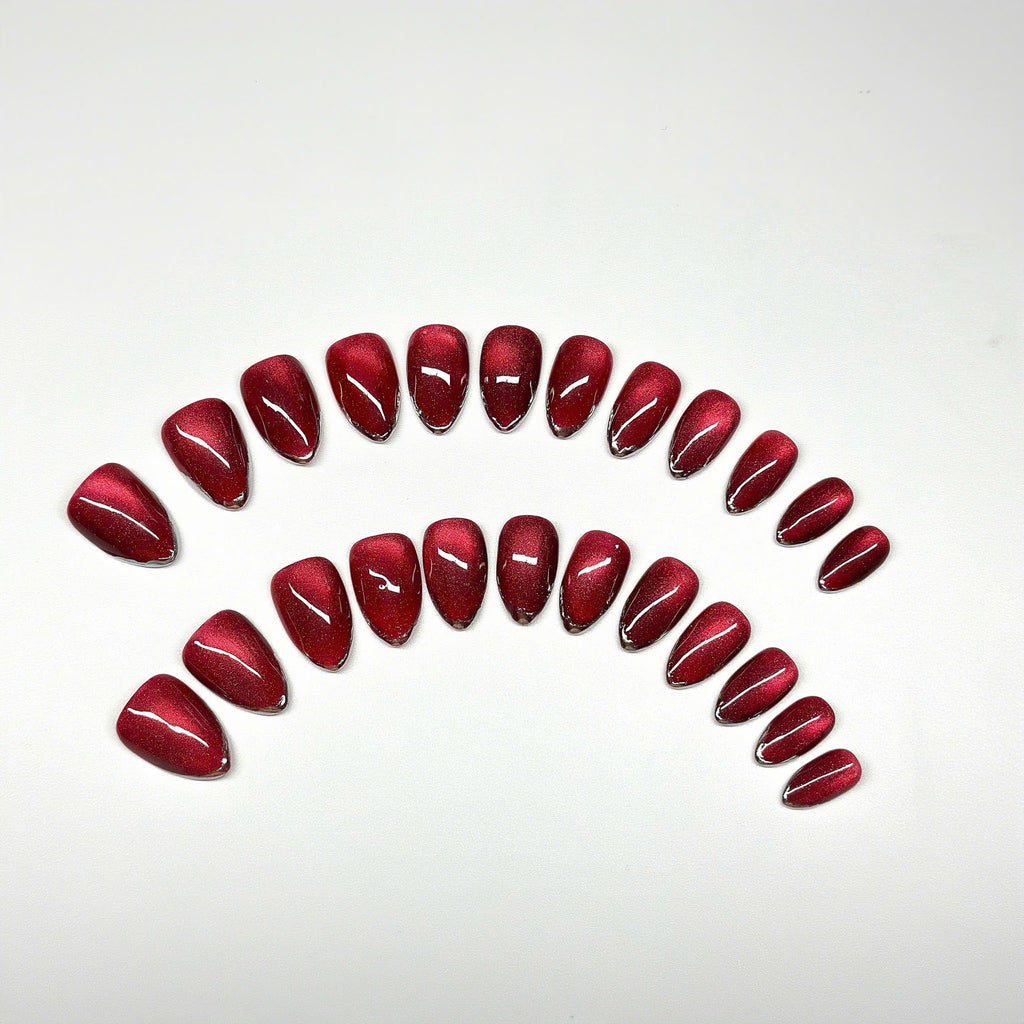 Short Almond Hand-Painted Press-On Nails | Dark Red Glitter Cat Eye with Silver French Tip | Reusable 30pcs Kit, 15 Sizes