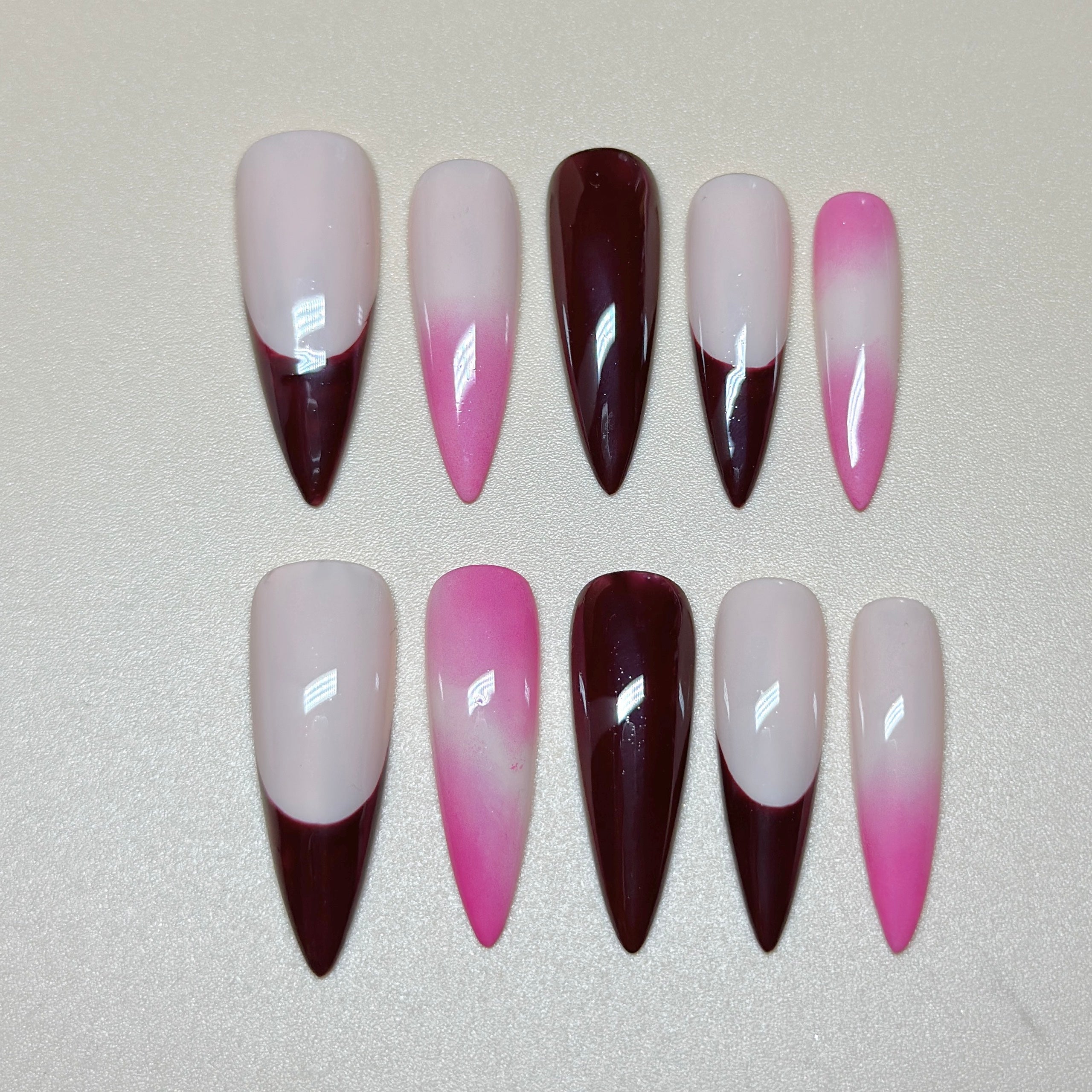 Long Stiletto Hand-Painted Press-On Nails | Luxury Wine Red Ombre with 3D Floral Design | Reusable 20pcs Kit