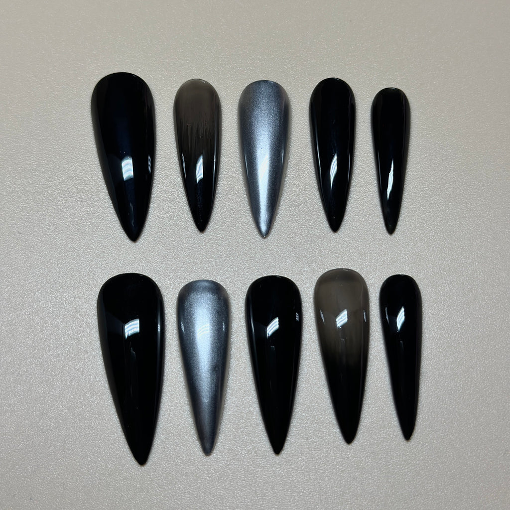 Black Stiletto Hand-Painted Press-On Nails | Y2K Silver Chrome with 3D Gemstone Nail Art | Reusable 20pcs Kit