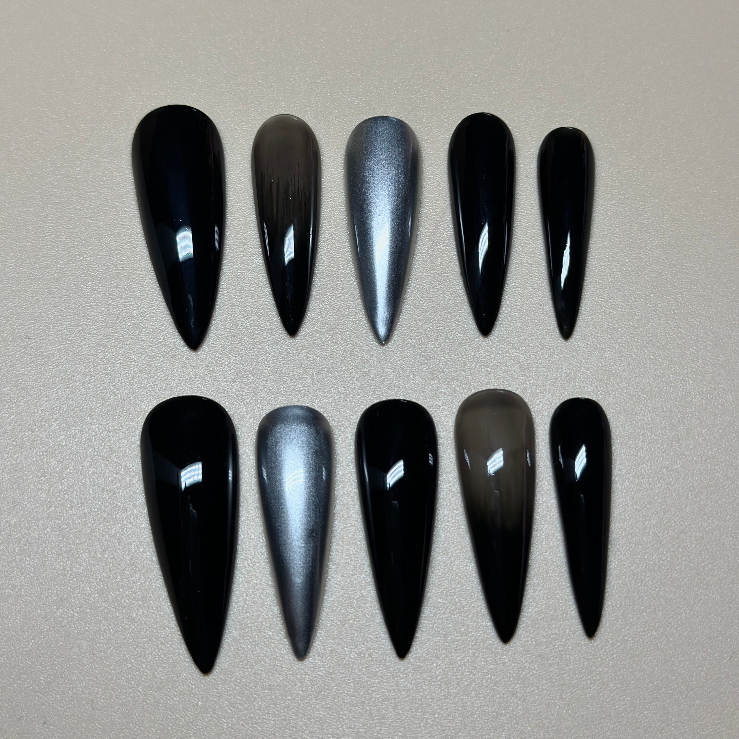 Black Stiletto Hand-Painted Press-On Nails | Y2K Silver Chrome with 3D Gemstone Nail Art | Reusable 20pcs Kit