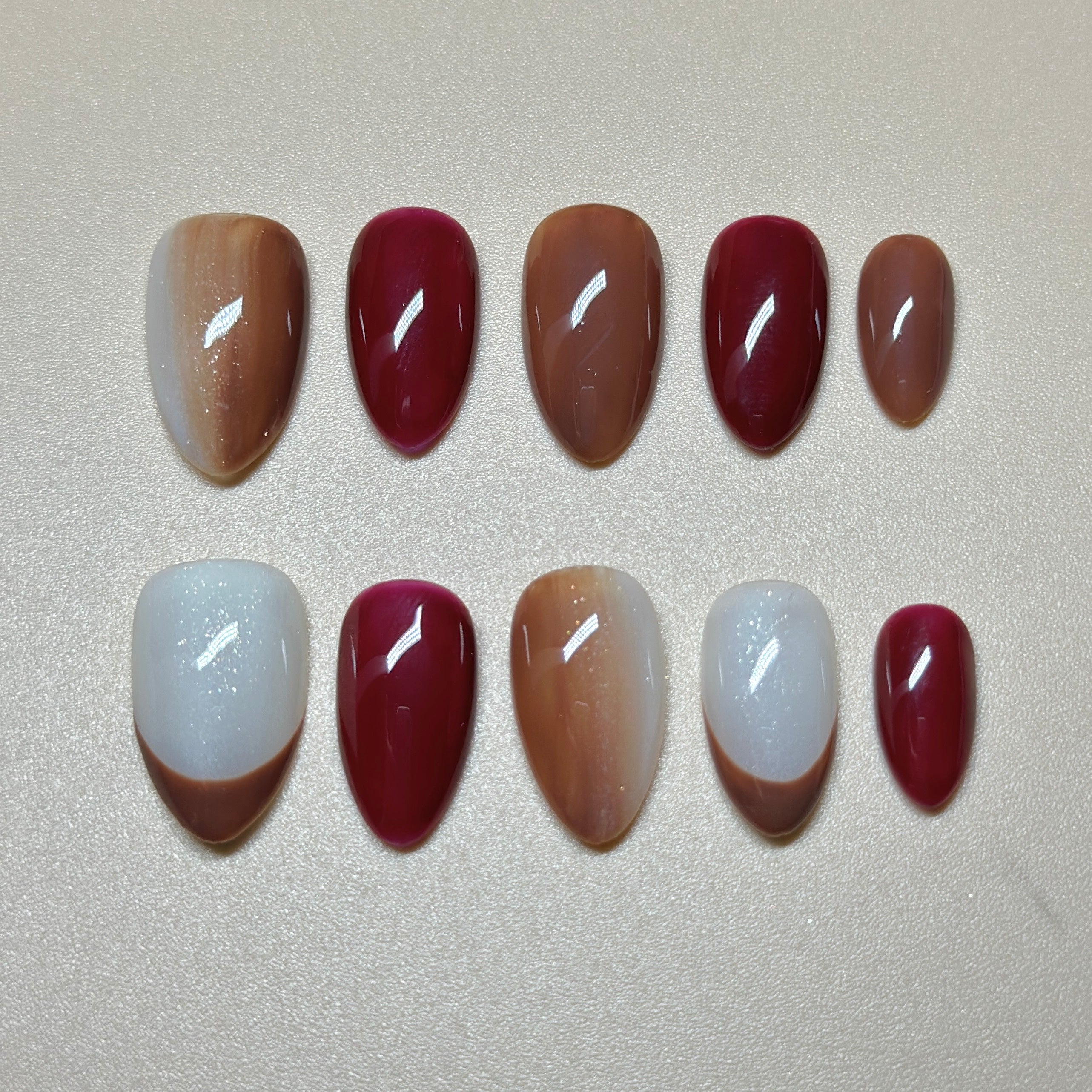 Short Almond Hand-Painted Press-On Nails | Ruby Red with Gold Chrome 3D Nail Art | Reusable 20pcs Kit