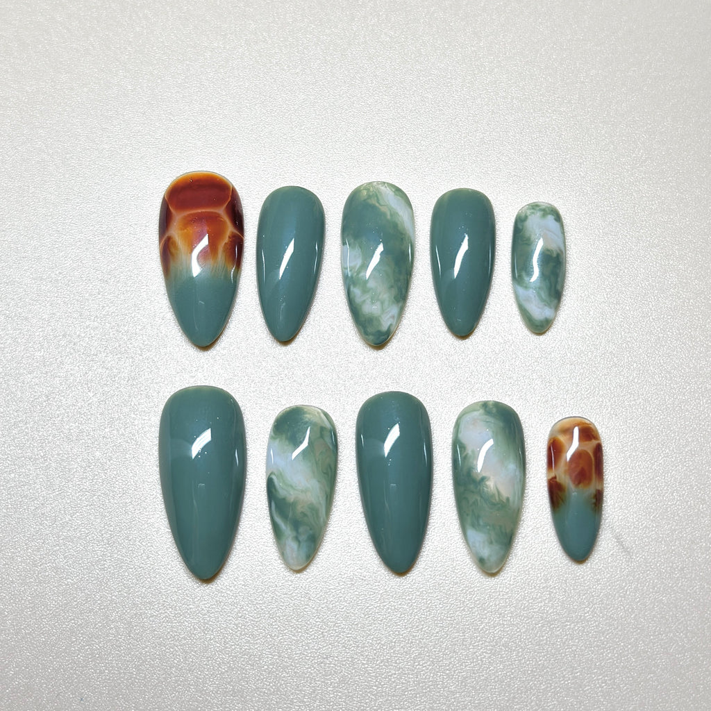 Medium Almond Hand-Painted Press-On Nails | Luxury Emerald Green Marble with 3D Rhinestones and Chrome | Reusable 20pcs Kit