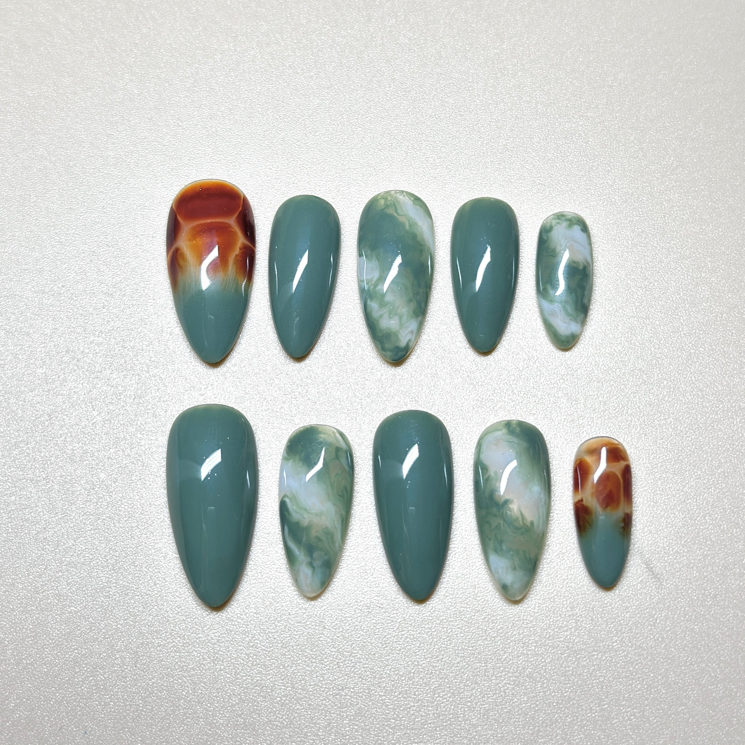 Medium Almond Hand-Painted Press-On Nails | Luxury Emerald Green Marble with 3D Rhinestones and Chrome | Reusable 20pcs Kit