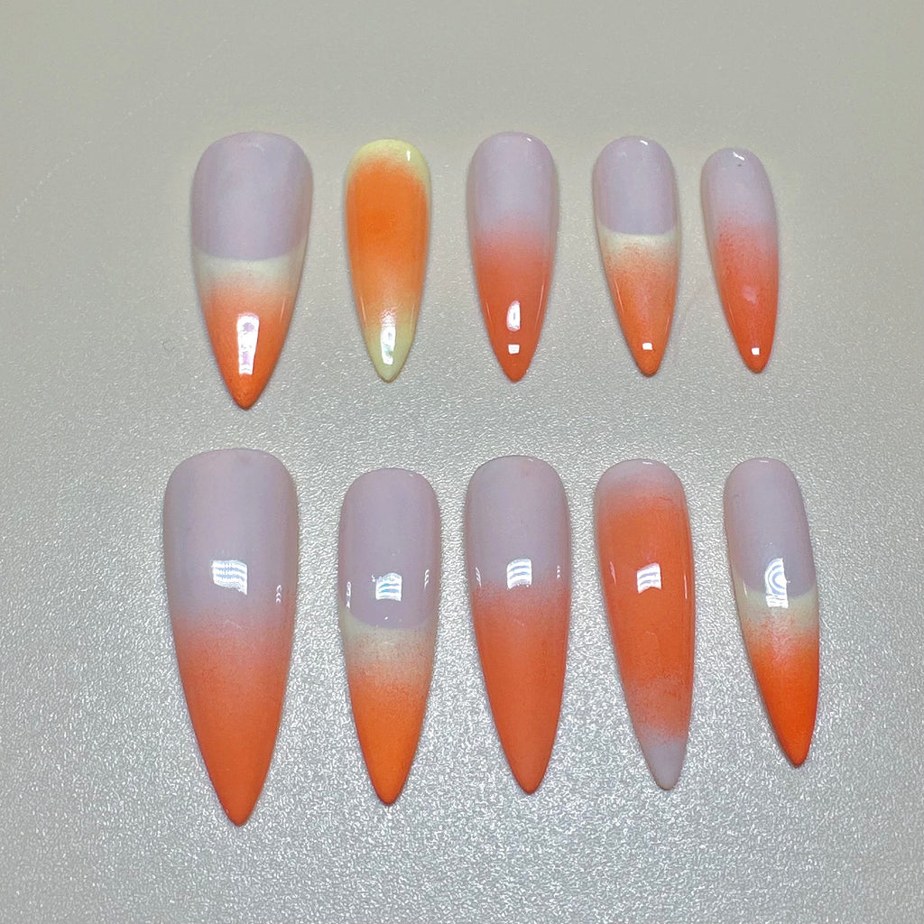 Long Stiletto Hand-Painted Press-On Nails | Luxury Tropical Sunset Ombre with 3D Floral Design | Reusable 20pcs Kit