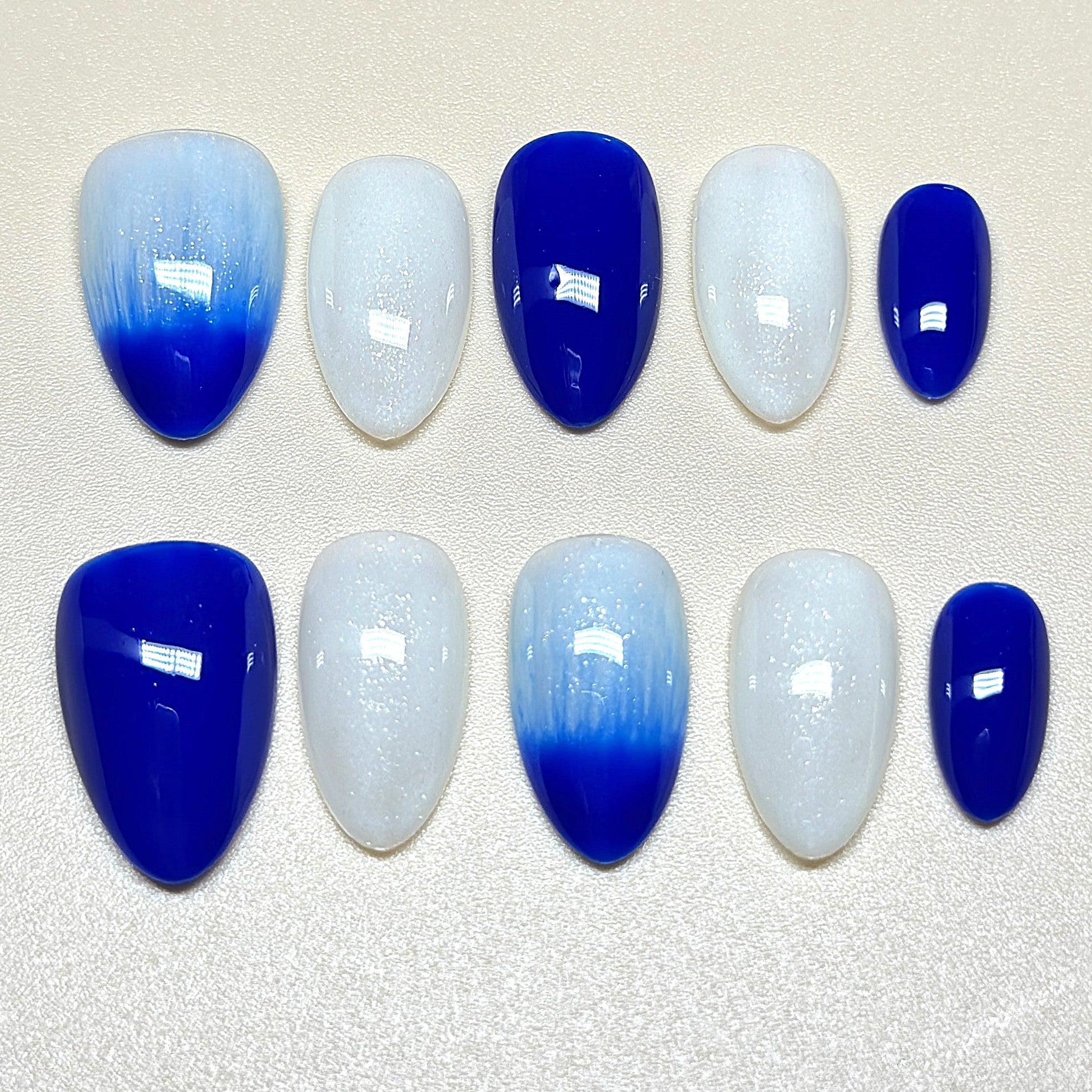 Short Almond Hand-Painted Press-On Nails | Luxury Blue Galaxy with 3D Stars and Hearts | Reusable 20pcs Kit