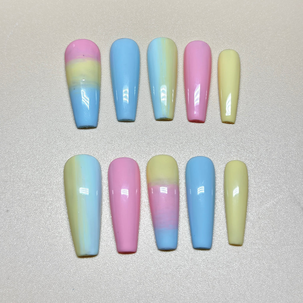 Long Coffin Hand-Painted Press-On Nails | Luxury Pastel Pop-Art Design | Reusable 20pcs Kit