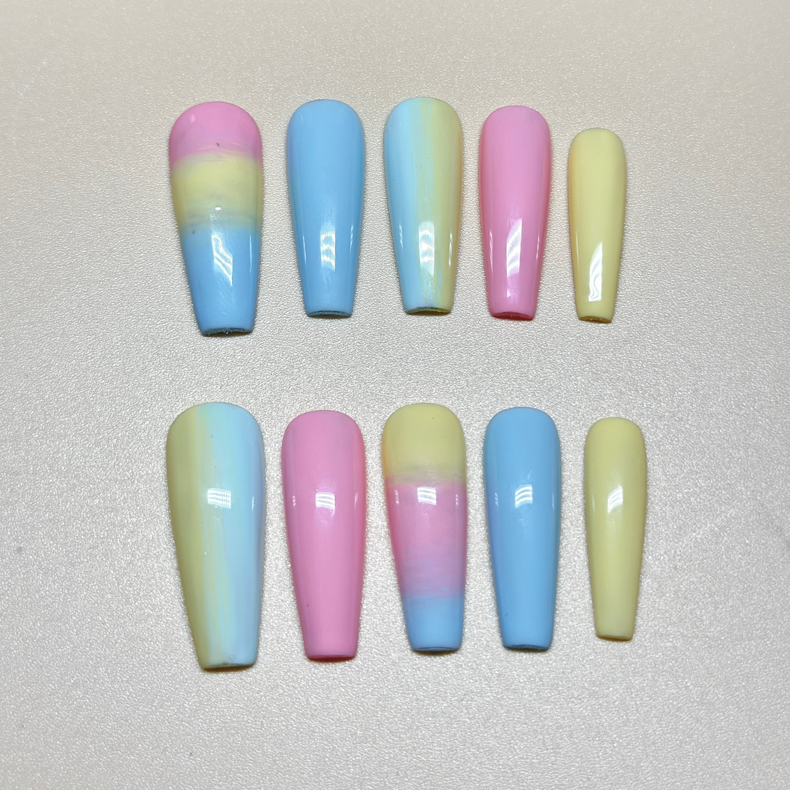 Long Coffin Hand-Painted Press-On Nails | Luxury Pastel Pop-Art Design | Reusable 20pcs Kit