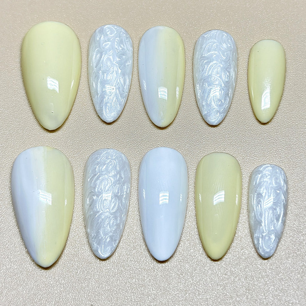 Hand-Painted Luxury GOLDEN REEF-Ocean Vibes Press On Nails | 3D Seashell | Medium Almond  | Reusable 20pcs Kit