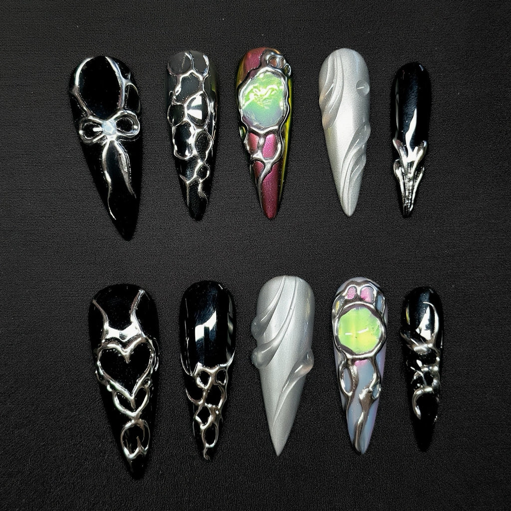 Black Stiletto Hand-Painted Press-On Nails | Y2K Silver Chrome with 3D Gemstone Nail Art | Reusable 20pcs Kit