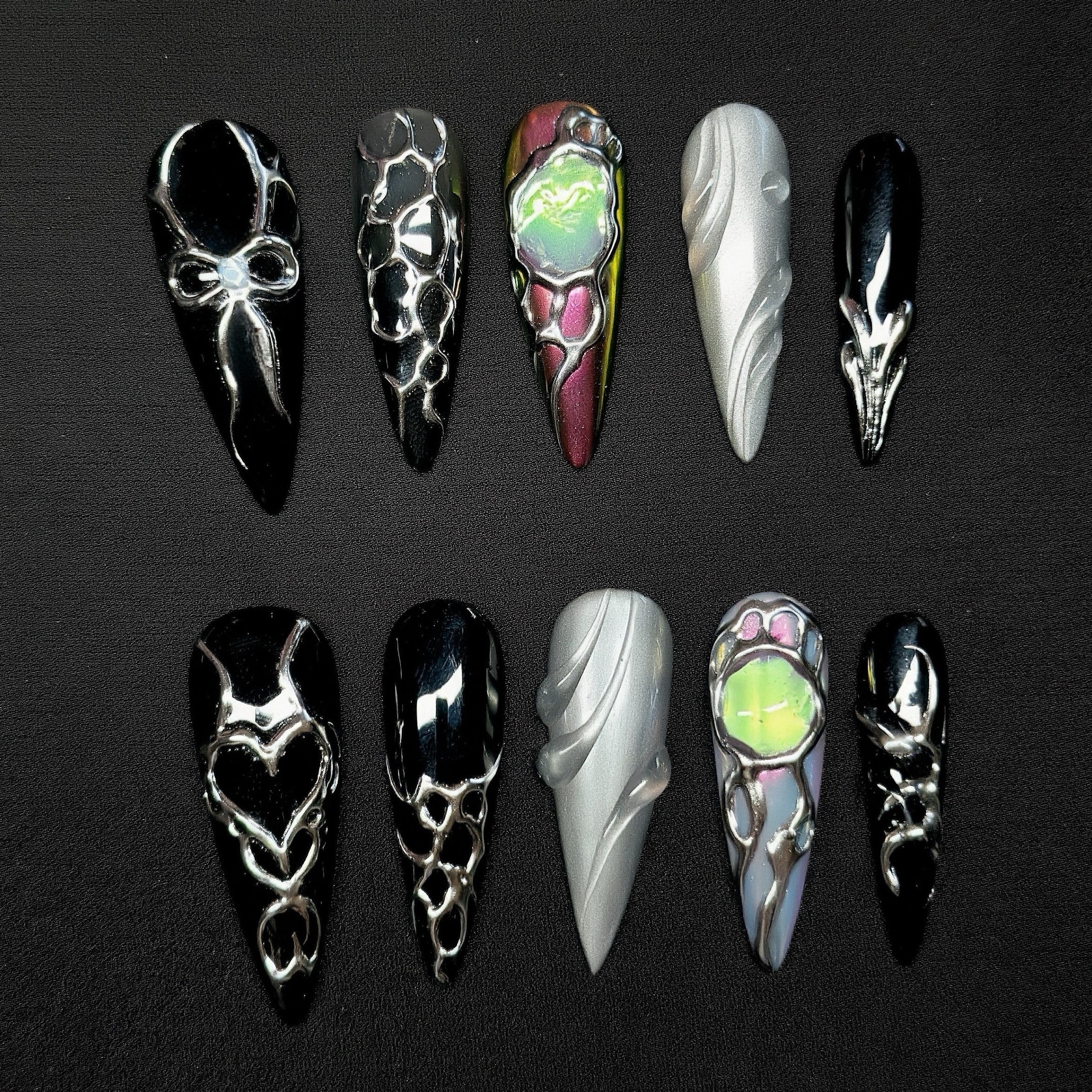 Black Stiletto Hand-Painted Press-On Nails | Y2K Silver Chrome with 3D Gemstone Nail Art | Reusable 20pcs Kit