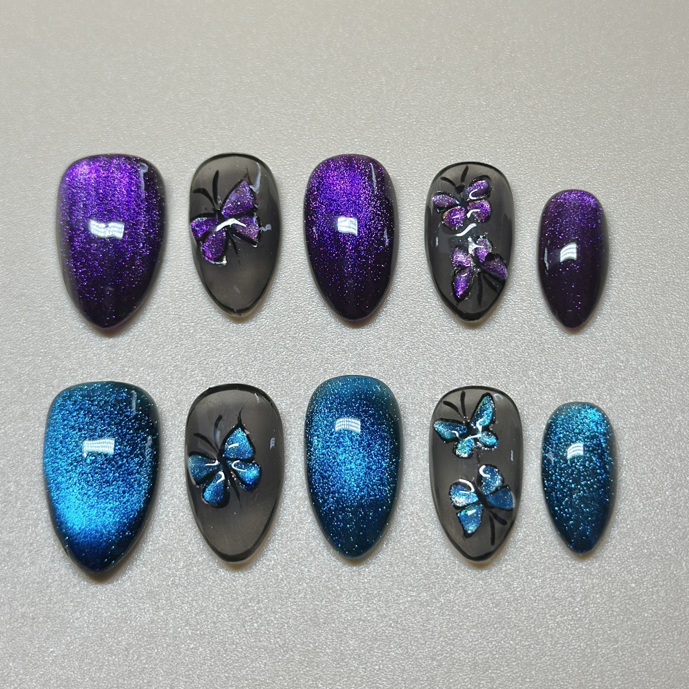 Almond Hand-Painted Press-On Nails – Blue & Purple Cat Eye with Butterfly Design | Luxury 20pcs Reusable Kit