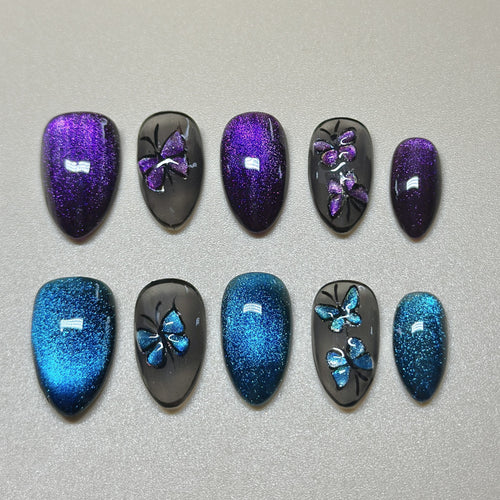 Almond Hand-Painted Press-On Nails – Blue & Purple Cat Eye with Butterfly Design | Luxury 20pcs Reusable Kit