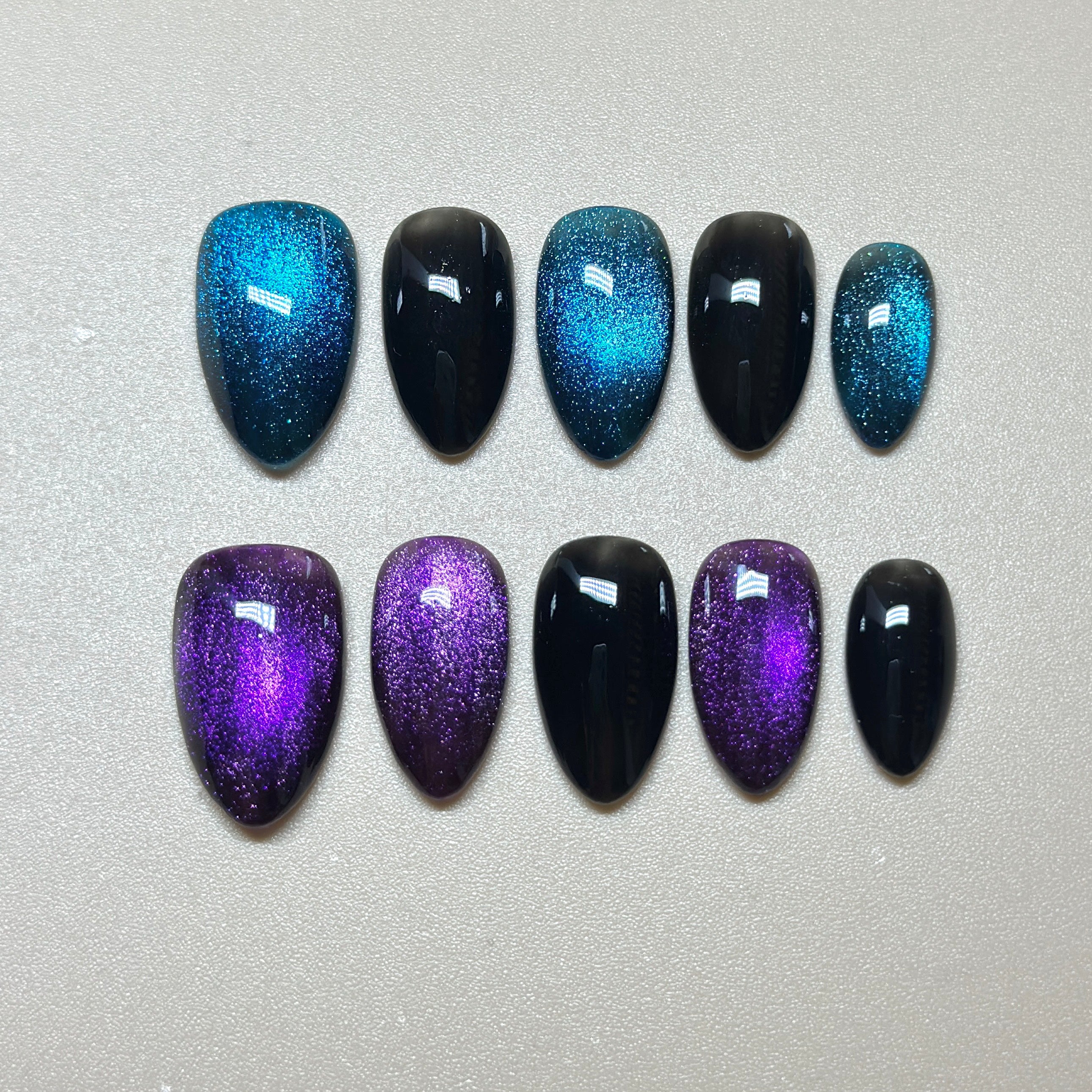 Almond Hand-Painted Press-On Nails – Blue & Purple Cat Eye with Butterfly Design | Luxury 20pcs Reusable Kit
